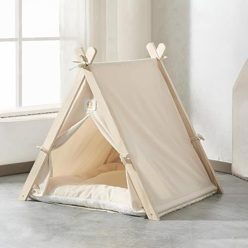 KHCY Cat Tent & Dog Tent, Wooden Triangular Pet House with Soft Cushion, Removable Door Flap, Cozy Indoor Shelter for Cats & Dogs 60×55×63 CM - Beige