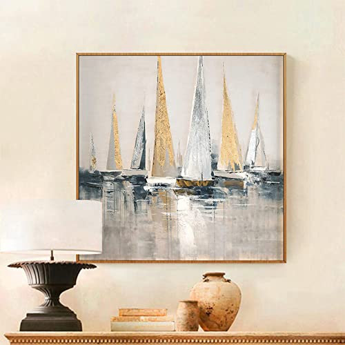 Ölbilder Auf Leinwand Handgemalt,Großes Modernes, 100 % Handgemaltes Kunstwerk Auf Leinwand, Gold- Und Silber-Segelboot-Ölgemälde, Wandkunst, Griffbereit, Für Wohnzimmer, Schlafzimmer, Heimdekor