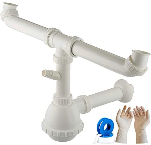 Parpyon® Sifone Lavello Cucina 2 Vasche Sifone Lavabo Bagno Tubo scarico lavandino Antiodore, Flessibile Rubinetto miscelatore Prolunga tubo filettato + nastro e guarnizione (Sifone Cucina 2V 1-1/2)