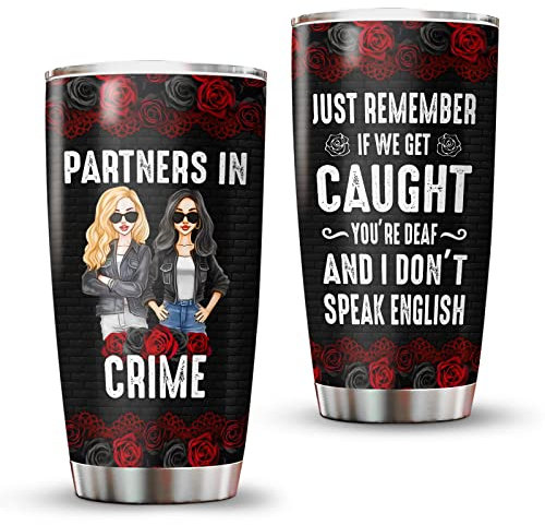 34HD Partners in Crime Tumbler with Lid, 20oz Stainless Steel Bestie Drinking Cup, BFF Coffee Mug, Best Friends Gifts for Birthday Christmas, Funny Friends Gift Ideas for Women