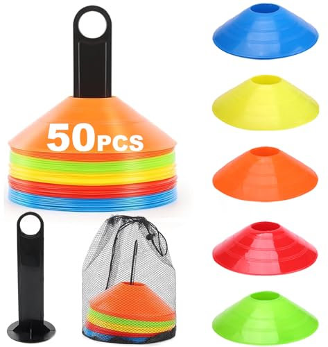 niuniaj 50Pcs Hütchen Fußball, Fußball Hütchen mit Ständer, Netztasche, Fussball Hütchen Set für Fussball, Hockey, Eislaufen,Trainingszubehör Für Slalom und fußball Riemenscheiben(5 Farben)