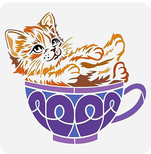 FINGERINSPIRE Plantilla de pintura de gato para taza de té, 30 x 30 cm, dibujo de gatito lindo con tazas de té, artesanía de plástico con temática de animales para pintar en pared, muebles, decoración