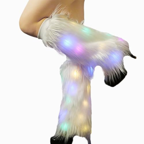 CanB White Faux Fur Leg Warmers Light Up Rave LED Leg Cover 80s Winter Furry Long Boot Covers Sexy Fun Dance Hosiery for Women and Girls, White, Medium