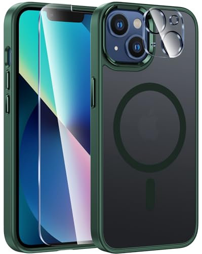 FNTCASE für iPhone 13 Hülle: i Phone 14 Handyhülle Magnetische Translucent Matte Militär Fallschutz Anti Vergilbung - Robuste langlebige stoßfeste Schutzhülle-Grün