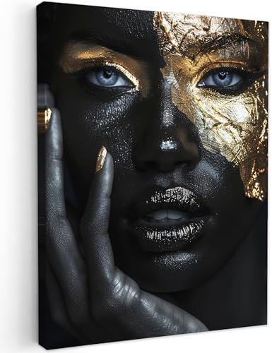 MuchoWow© Bilder 50x70 cm Wohnzimmer Deko Modern Wandbild Foto auf Leinwand Bild Schlafzimmer über Bett Room Decor Geschenke Frau - Gold - Porträt - Schwarz-Weiß - Luxus
