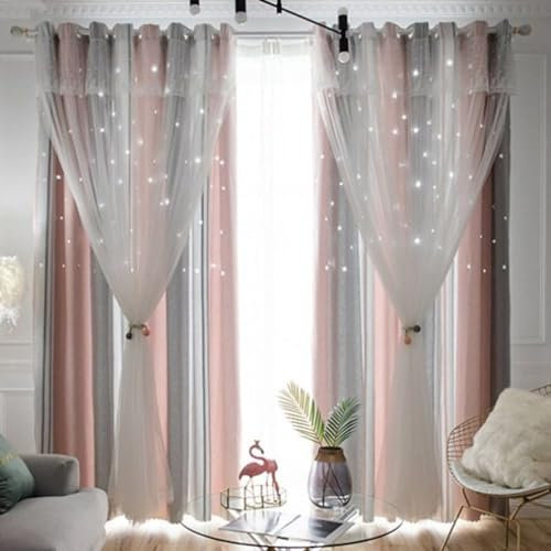Homxi Blickdichte Vorhänge 2er Set,2 x 137W x 183H cm,Vorhang Blickdicht Kinderzimmer Rosa Grau Doppelschicht mit Spleißen Einfarbig Gardinen Ösenringe