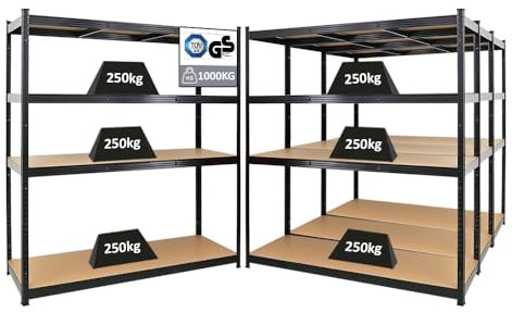 PROREGAL Mega Deal 4X Schwerlastregal Taurus XL mit TÜV/GS Zertifizierung 180x160x60cm mit Fachlast 250kg Schwarz Kellerregal, Steckregal, Garagenregal, Lagerregal
