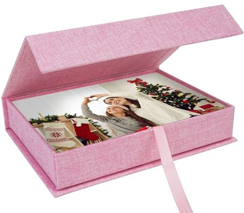 Hiwhy Foto Aufbewahrungsbox 10x15 cm, Leinen-Fotobox, Erinnerungsbox zur Aufbewahrung von Fotos, Bildern, Urkunden, Scrapbooking-Zubehör, Andenken und Schmuck Rosa
