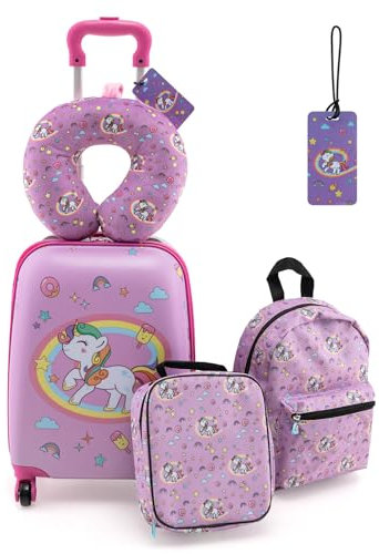 SOARS 5tlg. Kinderkoffer Set, 16” Kindertrolley mit Rucksack, Nackenkissen, Lunchtasche & Kofferanhänger, Kindergepäck mit Rollen & Teleskopgriff, Reisekoffer Kinder Jungen & Mädchen (Einhorn)