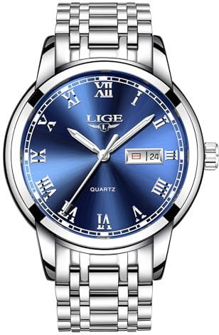 LIGE Uhren Herren Chronograph Analog, Quarz Leuchtend Datum Armbanduhr, 3ATM Wasserdicht Klassisches Zifferblatt Modisch Business Elegant Edelstahl Uhr Herren, Geschenk für Männer, Blau Siliber