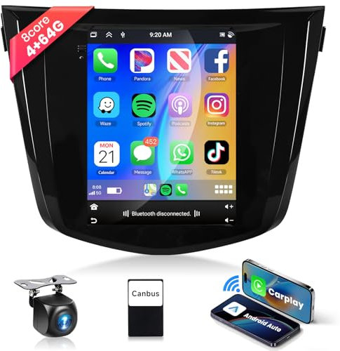 4G&64G 8-Core Podofo 9.7 Radio de Coche para Nissan X-Trail Qashqai J11 Rouge 2014-2018 con Bluetooth CarPlay Wireless Android Auto,FM/RDS con Cámara de visión Trasera WiFi/GPS HiFi Audio WiFi