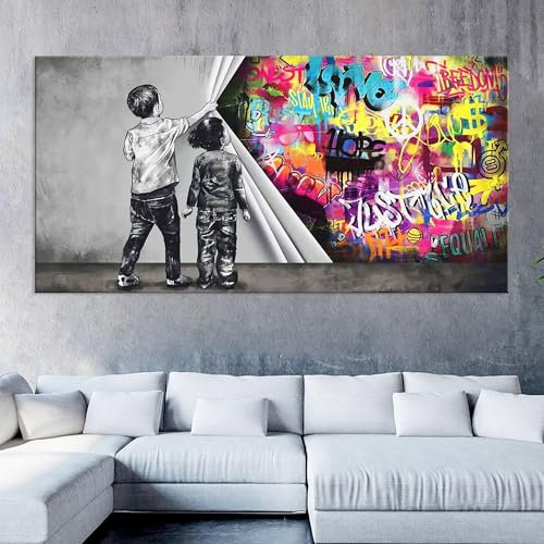 Zhadongli Art Banksy Behind the Curtain Leinwandbild, moderne Straßenkunst, Wohnzimmerdekoration, Urban Graffiti, Leinwanddruck, großes Wandbild, 70 x 140 cm, mit Rahmen