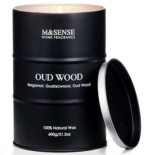 M&SENSE Oud Holz Duftkerzen im Glas groß 600g Natürliche Sojakerze für Heim Deco Langanhaltende Verbrennung bis zu 130 Stunden Brenndauer cool Kerze Geschenke für Männer