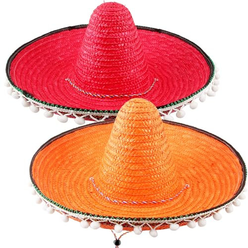 2 Pcs Giant Mexican Sombreros Straw Hats Fiesta Sombrero Party Hats Cinco de Mayo Straw Sombrero Hat Bulk for Adult Teen Mexican Carnival Birthday Theme Party Costume Supplies (Color Style 4)