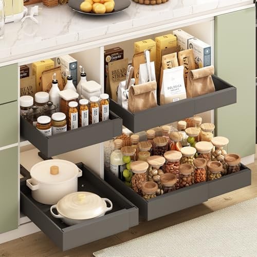 Mointal 2 Stück Erweiterbarer Ausziehbarer Schrank Organizer, Küchen Teleskopschublade mit Kleber, Aufbewahrung Schubladen Organizer für Küche/Bad, Breite 31-52cm, Tiefe 42cm, Höhe 7,5 cm, Schwarz