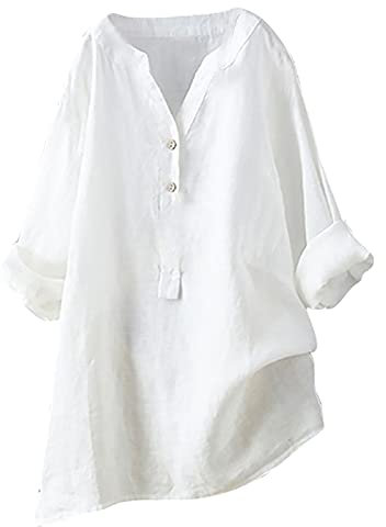 Generisch Blusen Tuniken für Damen Leinen Langarmshirt Casual Oberteile Locker Tops Elegante Blusenshirt Lang Tunika Basic Shirt Oversized Longbluse V Ausschnitt Freizeithemd Mode Longshirt