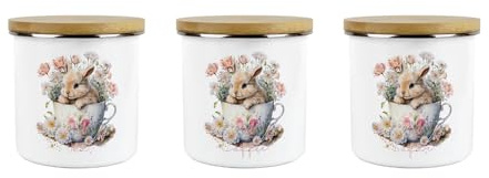 Bunny Rabbit Tea Coffee Sugar Canister Set - Teacup Bunny Medium Metal/Enamel Hot Drinks Kitchen Container Gift Set of 3