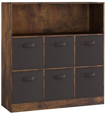 URBNLIVING Wooden Wide 7 Cubed Cupboard Bookcase Storage Units Shelves 6 Drawers Baskets (Black Drawer, Rustic Brown)