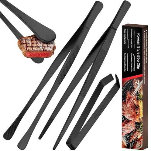 YADOBIG 3 Stück Kochpinzette Edelstahl, Küchenpinzette in 30cm*2 & 12cm, Grillpinzette für Kochen, Pinzette Küche zum Grillen, Beschichten und Servieren, Schwarz