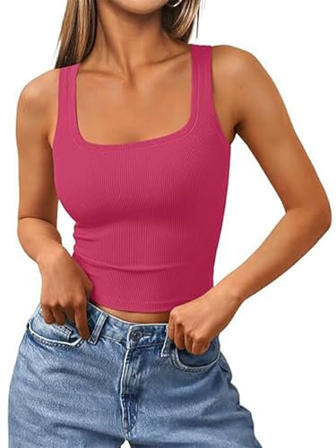 OOHOKAY Camiseta de tirantes para mujer, corte ajustado, parte superior, cuello cuadrado, espagueti, sin mangas, monocolor, camiseta básica Y2k, informal, camisola con tirantes, Rosa Rojo-d1, L