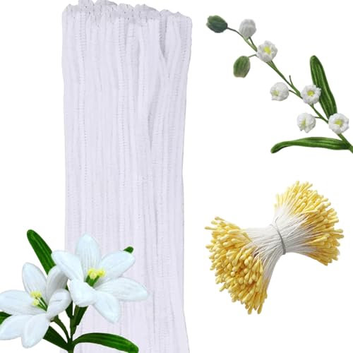 Canollo 100 Stück Pfeifenreiniger zum Basteln Weiß mit 100 Stück Staubblatt Gelb, Pfeifenputzer zum Basteln 30CM, Pipe Cleaners Blumen, Pfeifenreiniger Weiß für Kreative DIY-Projekte