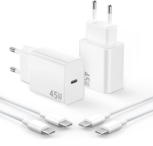 Chargeur 45W pour Samsung S25 Ultra,2Pack Chargeur Rapide USB C avec Câble Tressé 2M 100W Compatible pour Samsang Galaxy S25/S24/S23 Ultra, pour iPhone 17/16/15, Tablettes(Blanc)