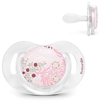 Suavinex, Ciuccio per Neonati +18 Mesi, Tetina Fisiologica in Silicone SX Pro, Piatta, Simmetrica e Flessibile, Rispetta lo Sviluppo Orale, con Anello, Scudo Trasparente, Poetry Rosa