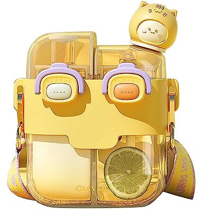 Botella de doble compartimento con pajita de dibujos animados para adolescentes y niños