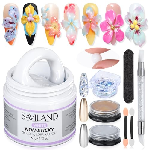 SAVILAND Advanced Solid Builder Gels Kit: Non-Sticky White 3D Nail Gel with Chrome Powder Sequins Sculpture Pen Non-Wipe Builder Sculpting Gel for Nails Nail Extensions 3D Nail Art Design DIY Home