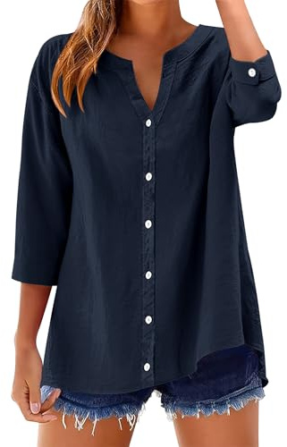 Rapbin Chemisier pour femme à manches 3/4 en coton et lin - Col en V - Boutonnière - Uni - Tunique - Décontractée - Manches enroulables