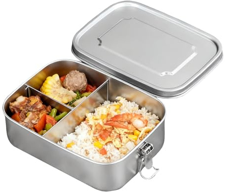 Boarle 304 Edelstahl-Bento-Box, große Kapazität, 800 ml, quadratischer Lebensmittelbehälter mit Trennwänden und verschließbarem Deckel für den Außenbereich