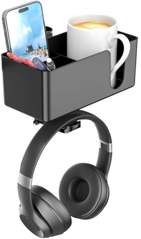 Uxsjakjsd 4 in 1 Under Desk Cup Holder-Clamp on Desk Cup Holder-Rotating Headphone Hanger-Detachable Pen Cup Holder Black