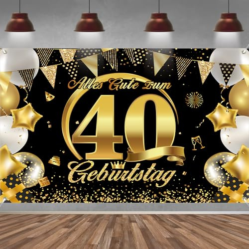 40. Geburtstag Banner Frauen Männer Deko Schwarz Gold 40 Geburtstag Hintergrund Banner, Extra Große Stoff Schild Poster für 40. Geburtstagsparty Deko, 210x150 cm