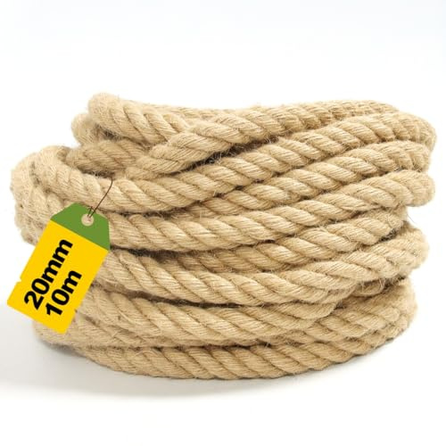 Corda di iuta extra spessa da 20 mm, 10 m (33 piedi) resistente corda da giardino naturale per decorazioni rustiche, ringhiere per scale, artigianato e progetti esterni, corda spessa resistente in