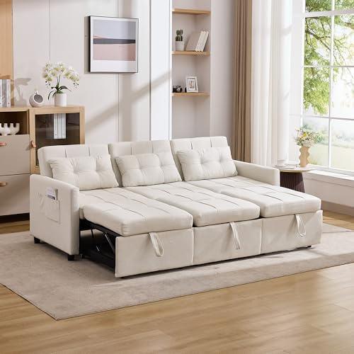 Dolamaní 3-Sitzer-Schlafsofa mit Schlaffunktion, Sofa mit Rückenlehne bis 180° verstellbar, Sofabett mit Bettkasten, Ecksofa, Fabric (Beige)