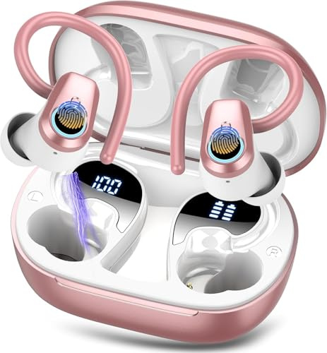 Wireless Earbuds, Bluetooth 5.3 Headphones with 4 ENC Noise Canceling Mic, 50H Stereo Dual LED Display Ear Buds, Sport Bluetooth Earphones with Earhooks, IP7 Waterproof Wireless Headphones, Rose Gold