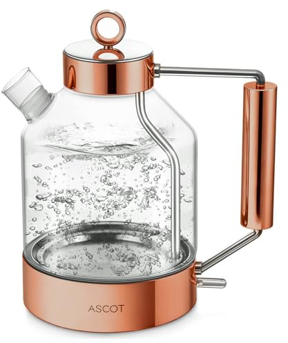 Electric Kettle, ASCOT Glass Electric Tea Kettle 1.5L 1500W Retro Tea Heater & Hot Water Boiler, No Plastic, BPA-Free, Cordless, with Auto Shut-Off and Boil-Dry Protection (Rose Gold)