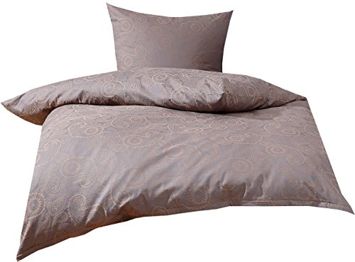 Bettwaesche-mit-Stil Mako Satin Damast Paisley Bettwäsche Garnitur Davos 140x200 + 70x90 Gold braun - grau