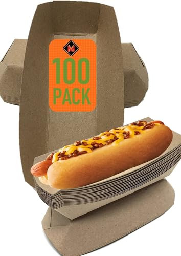 Mr Miracle 7 Inch Paper Hot Dog Tray in Kraft Paper. Pack of 100. Disposable, Recyclable and Fully Biodegradable. Made in USA
