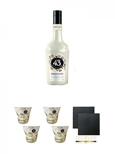 Licor 43 OROCHATA Likör 0,7 Liter + 2 Licor 43 Orochatagläser ohne Eichstrich + 2 Schiefer Glasuntersetzer eckig ca. 9,5 cm Ø Grau