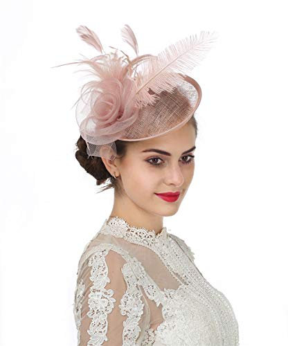 Sinamay Fascinator mit Blumenfedern, Kopfbedeckung, für Hochzeit, Party, Hochzeit, Cocktail, Teeparty, Derby-Hut für Damen, A4-Hellrosa, M