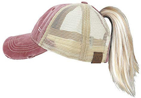 Funky Junque Damen Baseballkappe im Used-Look, Trucker, Papa, Pferdeschwanz, unordentlicher Dutt, Ponycap, Burgunderrot - beigefarbenes Netzgewebe, Einheitsgröße