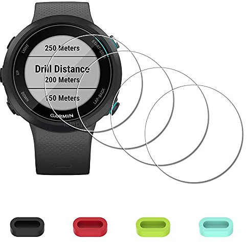 iDaPro Displayschutz Schutzfolie für Garmin Swim 2 GPS Schwimmen Smartwatch + 4-teiliger Ladeanschlussschutz 9H Härte Gehärtetes Glas Displayschutzfolie Einfache Installation [4 Stück]