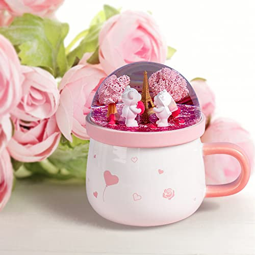 Niedliche Keramik-Kaffeebecher mit Liebesbär, Mikro-Landschaft, Tassendeckel, lustige Tasse für Tee, Kaffee, Geburtstag, Weihnachten, Valentinstag, Geschenk, 350 ml
