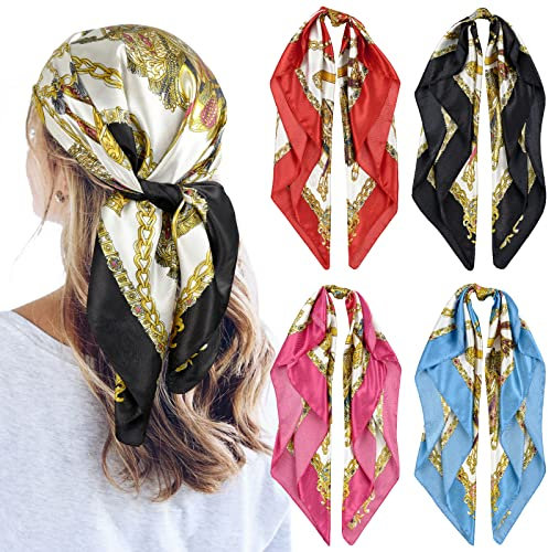 QBSM Lot de 4 foulards carrés en satin de 89 cm pour femme - Sensation soie - Pour dormir, Chaîne dorée rouge/bleu/noir/rose vif, L