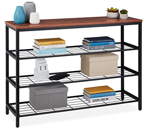 Relaxdays Konsolentisch, 4 Ebenen, Metall & MDF, Holzoptik, Ablagetisch Flur & Wohnzimmer, HBT 70x100x30 cm, Dunkelbraun, Eisen