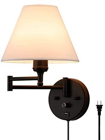 PFQCGU Swing Arm Wall Sconces, Plug-in Wall lamp,Bedroom Wall lamp ， White Fabric Shade，，with dimmable Switch and USB Charging Port, Suitable for Bedside, Living Room, Reading (Black)