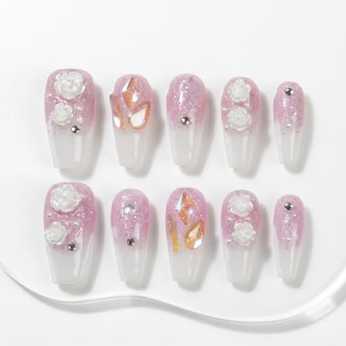 Sun&Beam Nails Handmade Press On Nails Medium Coffin Lavender White Floral Glitter 10 Pieces for Everyday Wear and Special Occasions (#004 M)