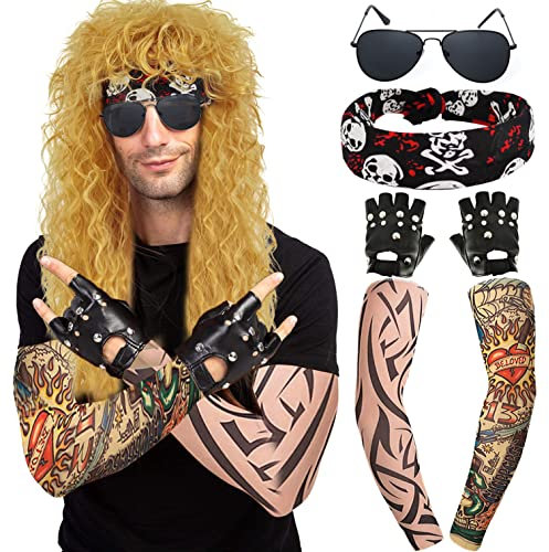 Perücke 80er Jahre Vokuhila für Herren & Damen Fasching Karneval Perücken Tiefes Gold Locken Hippie Rocker 70er Jahre Heavy Metal Kostüm Mullet Mottoparty Halloween Wig Perücke DE058E