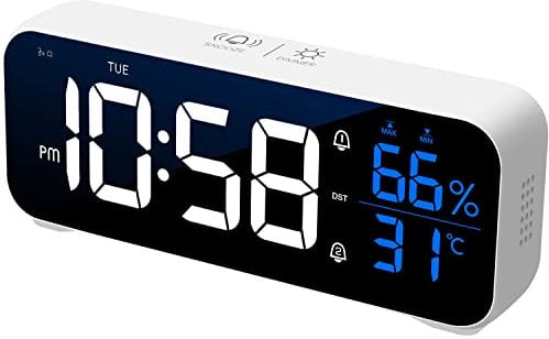 VINILITE Digital Alarm Clock with Temperature/Humidity Display, LED Alarm Clock, Portable Digital Clock, Snooze Function/2 Alarms/USB Charging Port